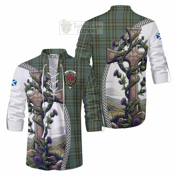 Tartan Vibes Clothing Kelly Tartan Ghillie Kilt Shirt with Family Crest and St. Andrew's Cross Accented by Thistle Vines