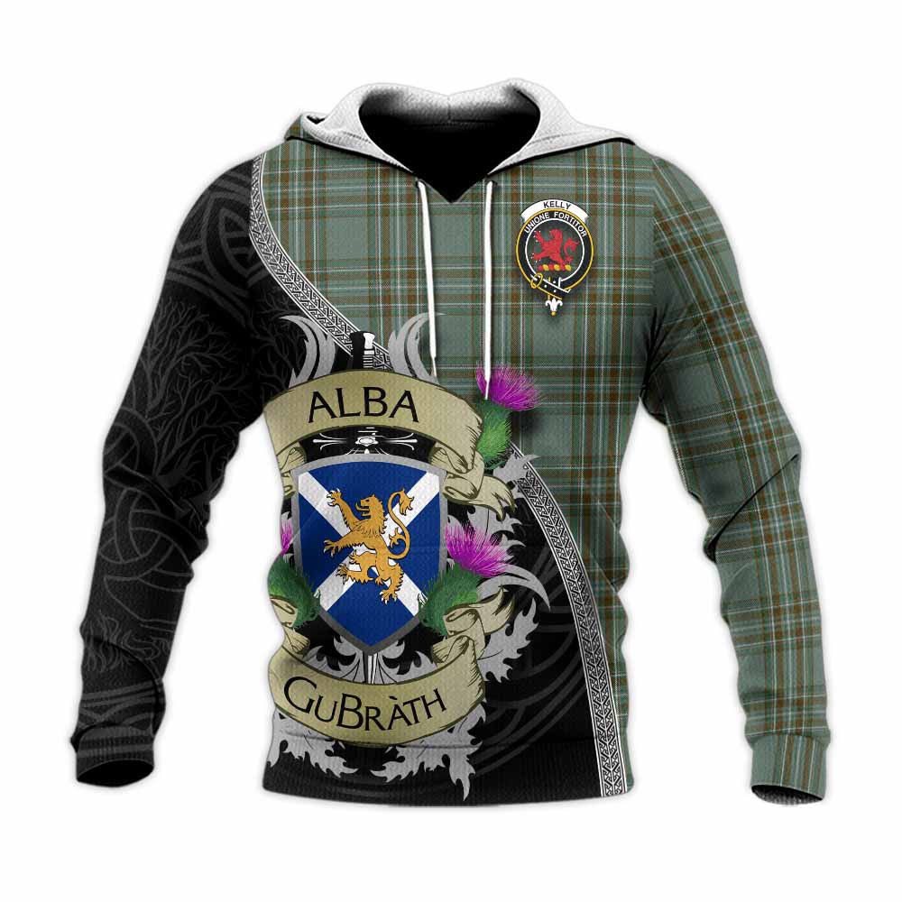 Tartan Vibes Clothing Kelly Tartan Family Crest Knitted Hoodie Lion Rampant Royal Thistle Shield Celtic Inspired