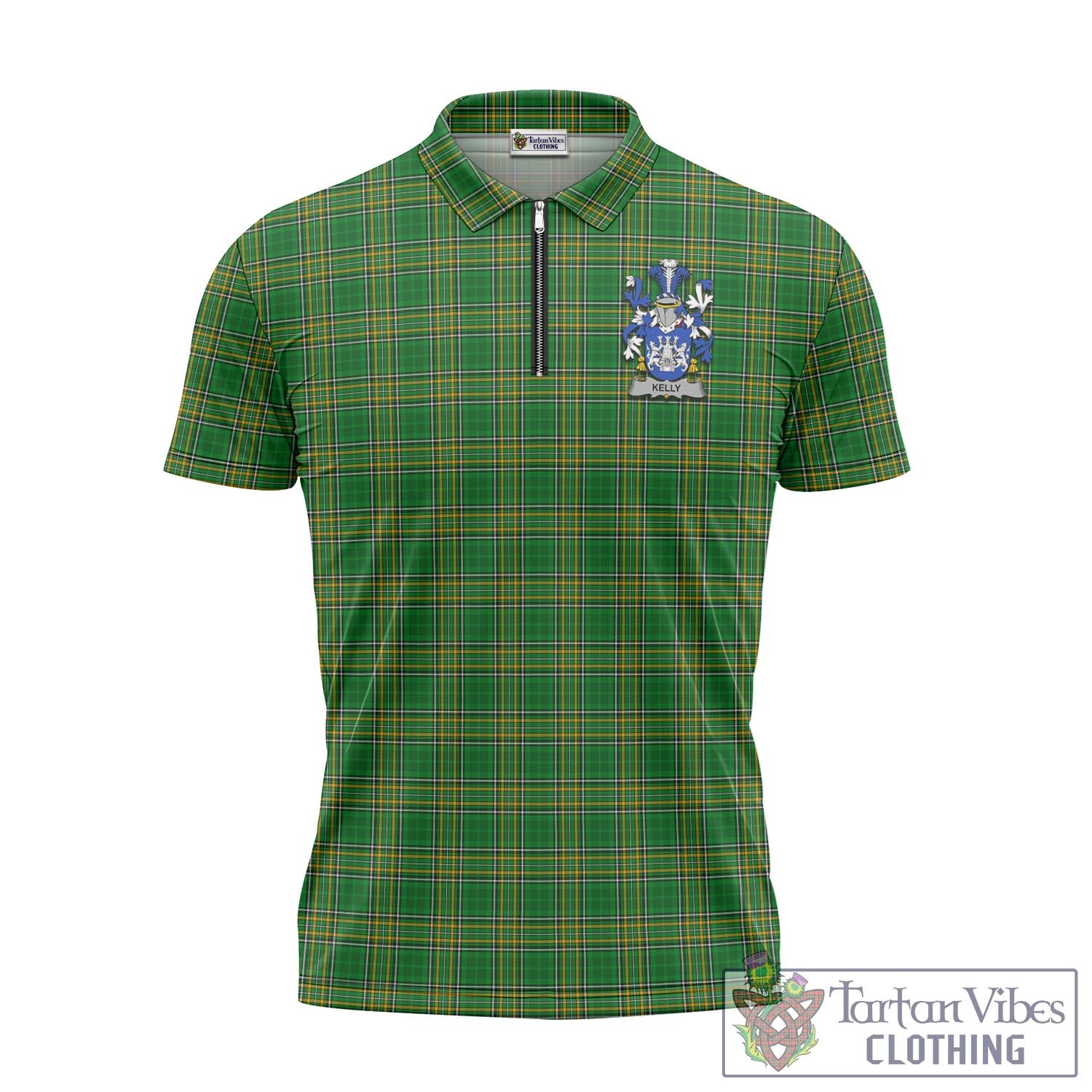 Tartan Vibes Clothing Kelly Ireland Clan Tartan Zipper Polo Shirt with Coat of Arms