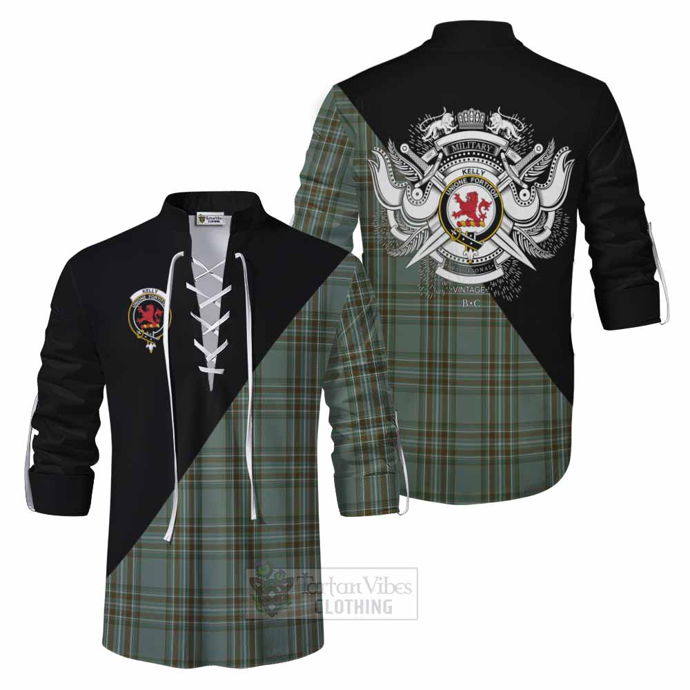 Tartan Vibes Clothing Kelly Tartan Ghillie Kilt Shirt with Family Crest and Military Logo Style