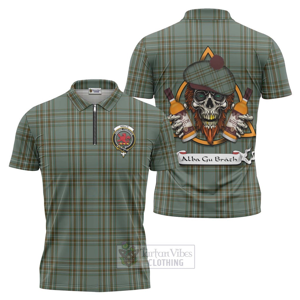 Tartan Vibes Clothing Kelly Tartan Zipper Polo Shirt with Family Crest and Bearded Skull Holding Bottles of Whiskey