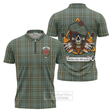 Tartan Vibes Clothing Kelly Tartan Zipper Polo Shirt with Family Crest and Bearded Skull Holding Bottles of Whiskey