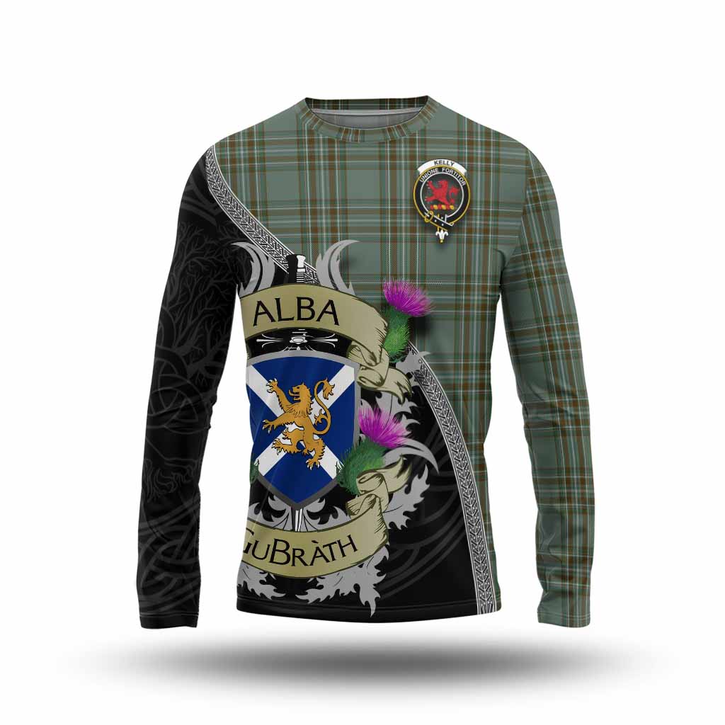 Tartan Vibes Clothing Kelly Tartan Family Crest Long Sleeve T-Shirt Lion Rampant Royal Thistle Shield Celtic Inspired