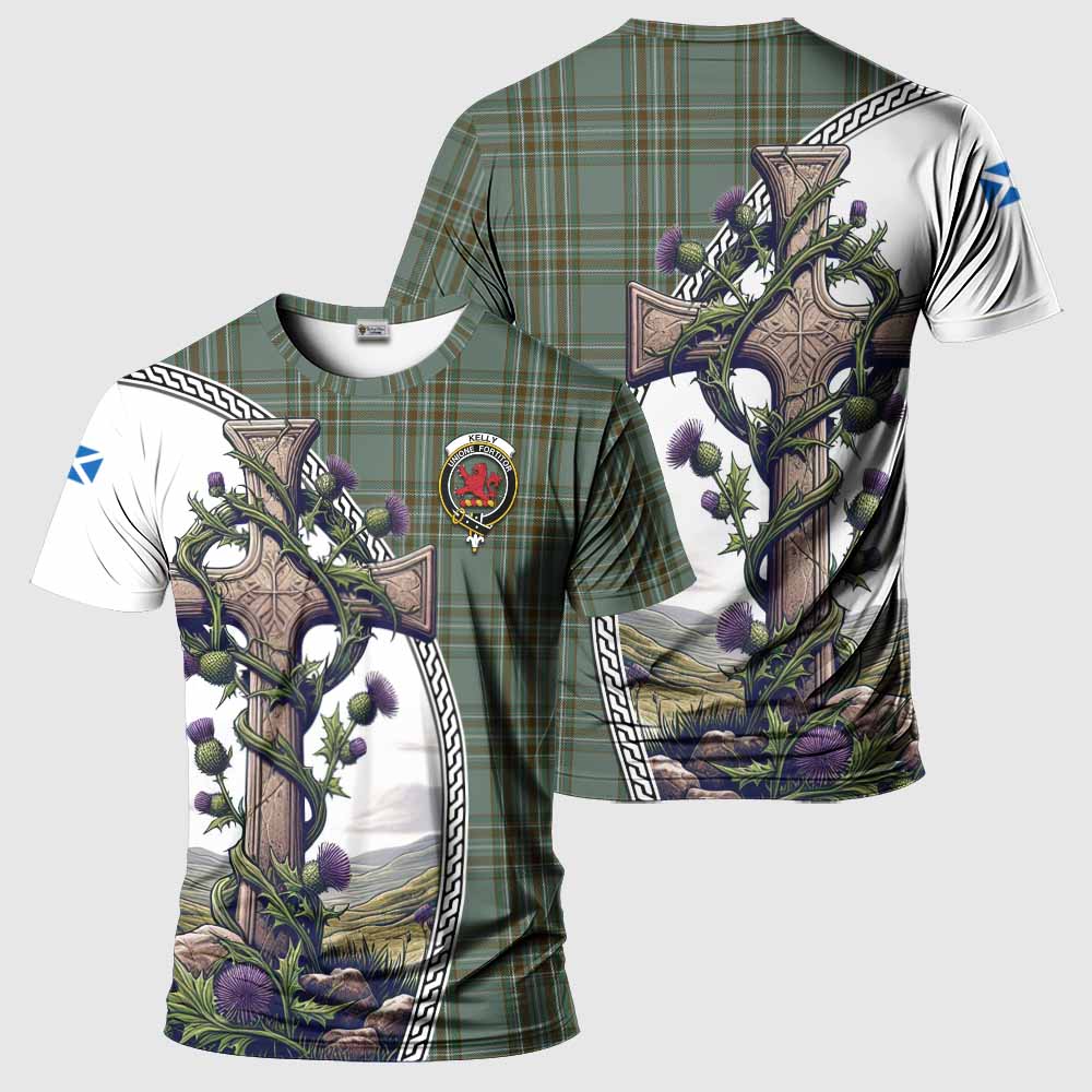Tartan Vibes Clothing Kelly Agnew Tartan T-Shirt with Family Crest and St. Andrew's Cross Accented by Thistle Vines