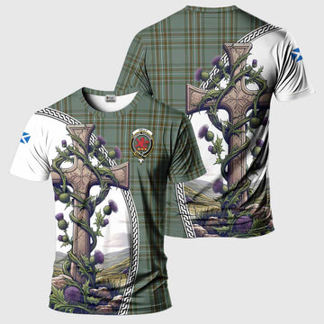 Tartan Vibes Clothing Kelly Agnew Tartan T-Shirt with Family Crest and St. Andrew's Cross Accented by Thistle Vines