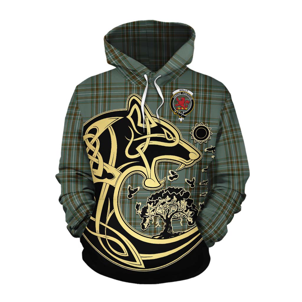 Tartan Vibes Clothing Kelly Tartan Cotton Hoodie with Family Crest Celtic Wolf Style