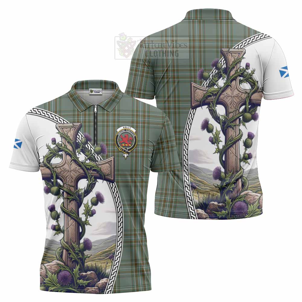 Tartan Vibes Clothing Kelly Tartan Zipper Polo Shirt with Family Crest and St. Andrew's Cross Accented by Thistle Vines