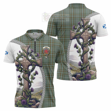 Tartan Vibes Clothing Kelly Tartan Zipper Polo Shirt with Family Crest and St. Andrew's Cross Accented by Thistle Vines