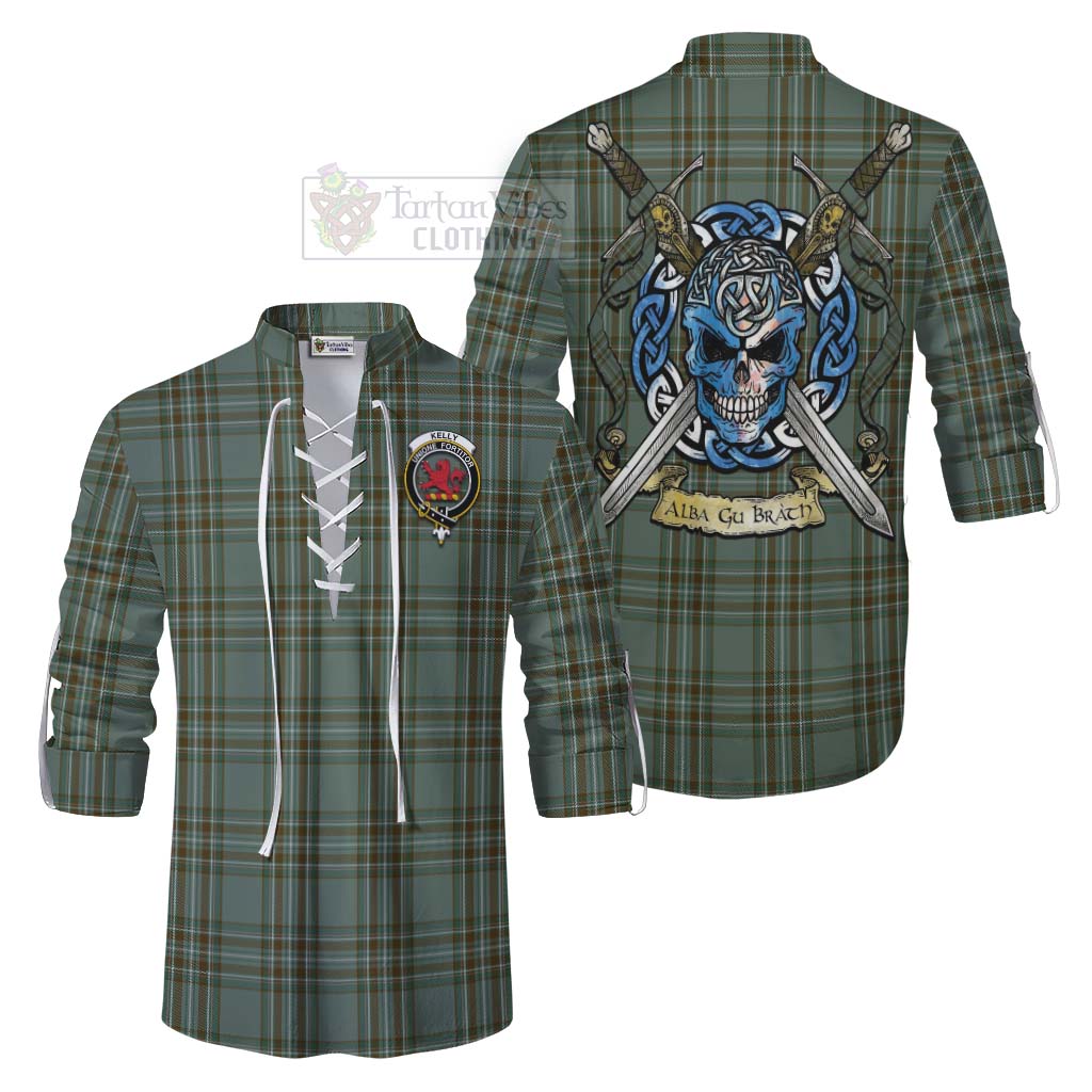 Tartan Vibes Clothing Kelly Tartan Ghillie Kilt Shirt with Family Crest Celtic Skull Style