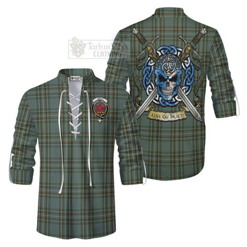 Tartan Vibes Clothing Kelly Tartan Ghillie Kilt Shirt with Family Crest Celtic Skull Style