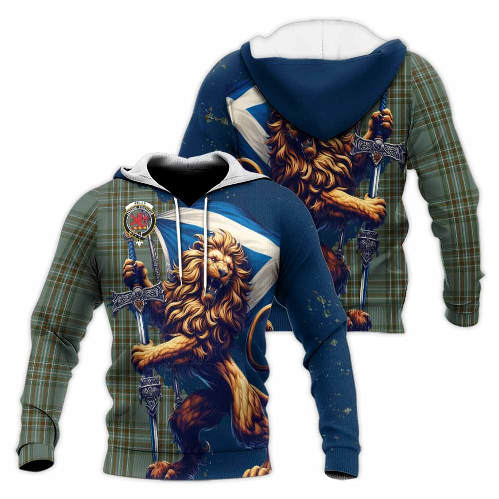 Tartan Vibes Clothing Kelly Tartan Family Crest Knitted Hoodie with Scottish Majestic Lion