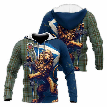 Tartan Vibes Clothing Kelly Tartan Family Crest Knitted Hoodie with Scottish Majestic Lion