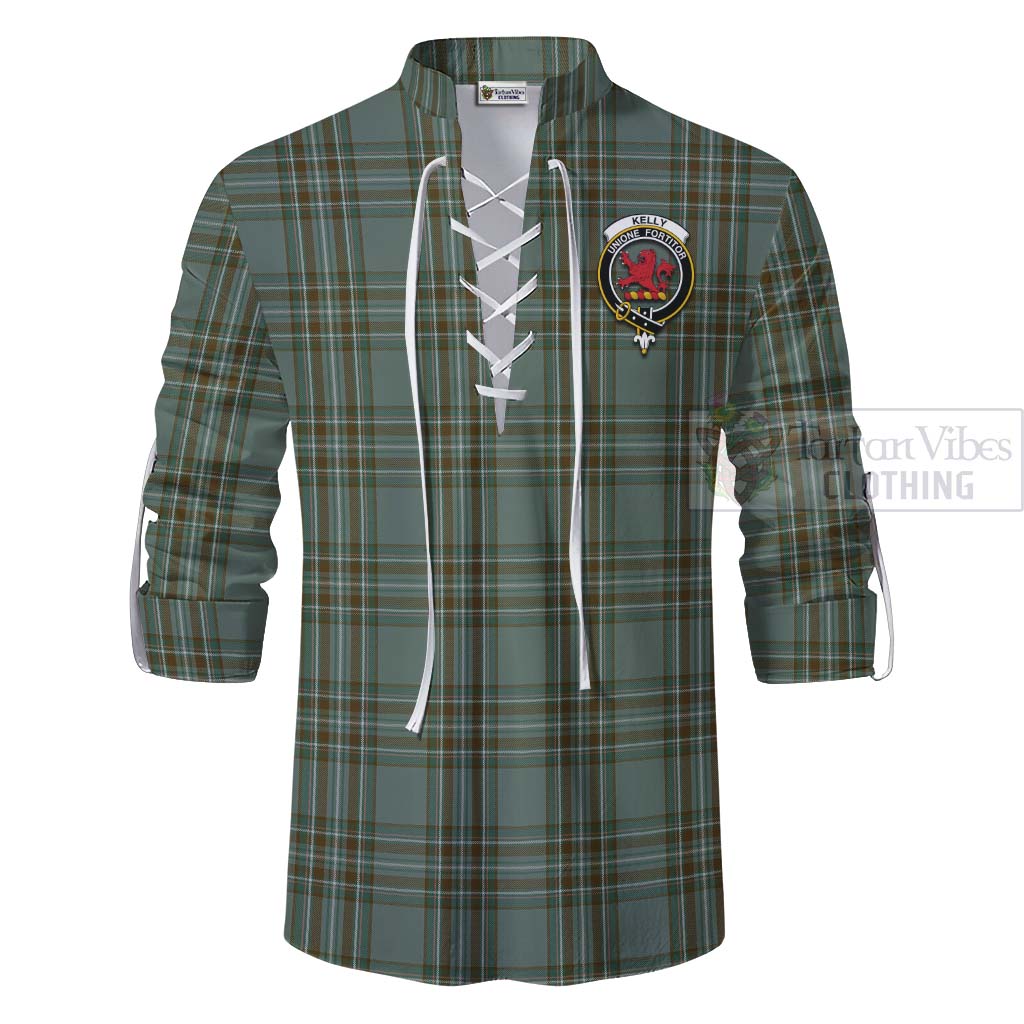 Tartan Vibes Clothing Kelly Tartan Ghillie Kilt Shirt with Family Crest and Bearded Skull Holding Bottles of Whiskey