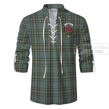Tartan Vibes Clothing Kelly Tartan Ghillie Kilt Shirt with Family Crest and Bearded Skull Holding Bottles of Whiskey