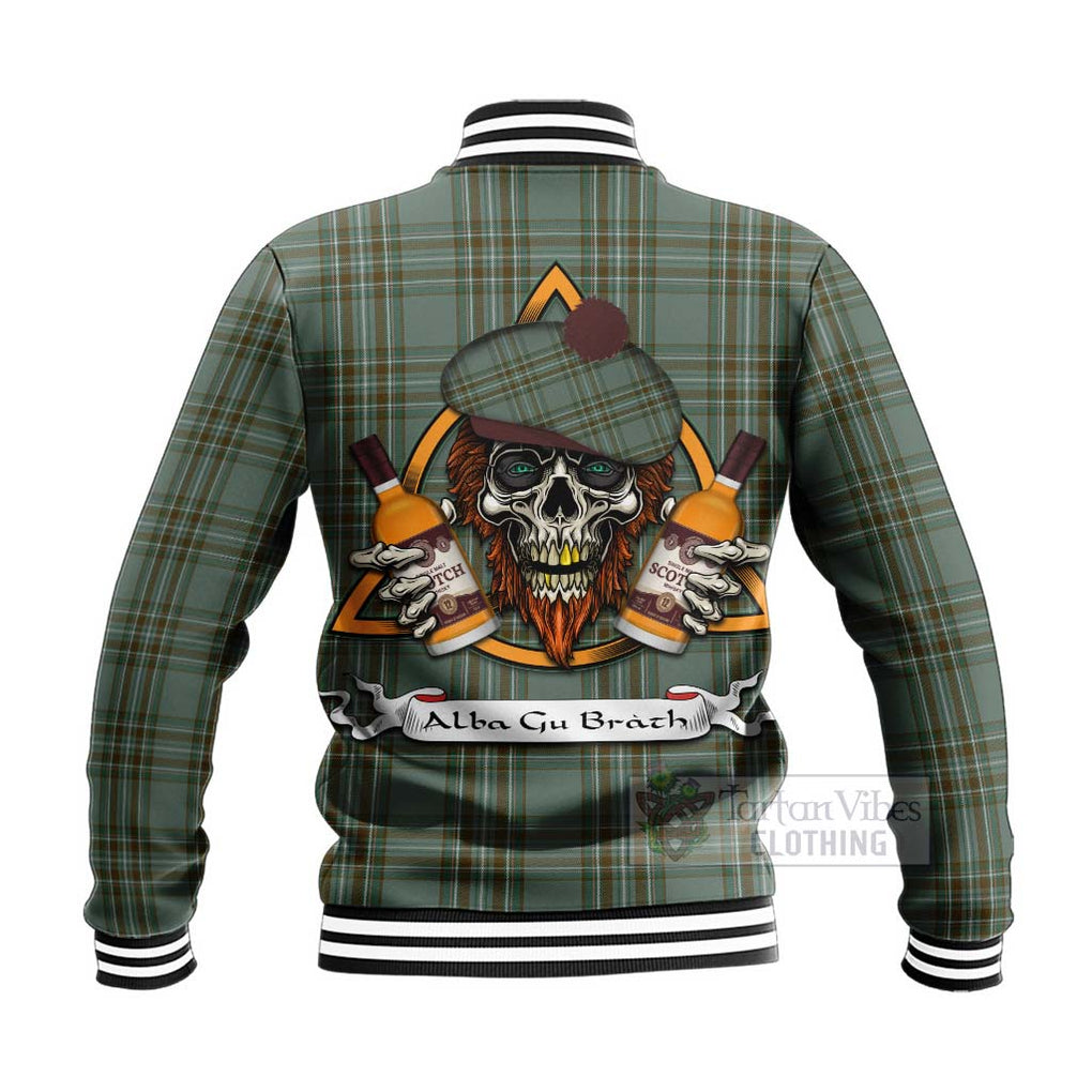 Tartan Vibes Clothing Kelly Tartan Baseball Jacket with Family Crest and Bearded Skull Holding Bottles of Whiskey