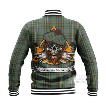 Tartan Vibes Clothing Kelly Tartan Baseball Jacket with Family Crest and Bearded Skull Holding Bottles of Whiskey