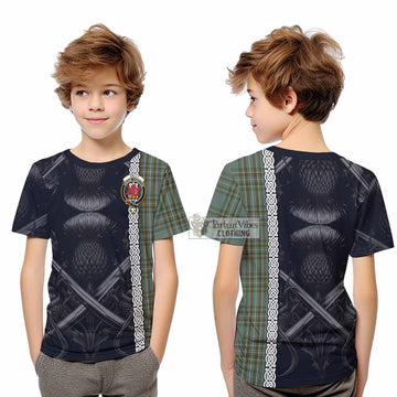 Tartan Vibes Clothing Kelly Tartan Kid T-Shirt with Family Crest Cross Sword Thistle Celtic Vibes