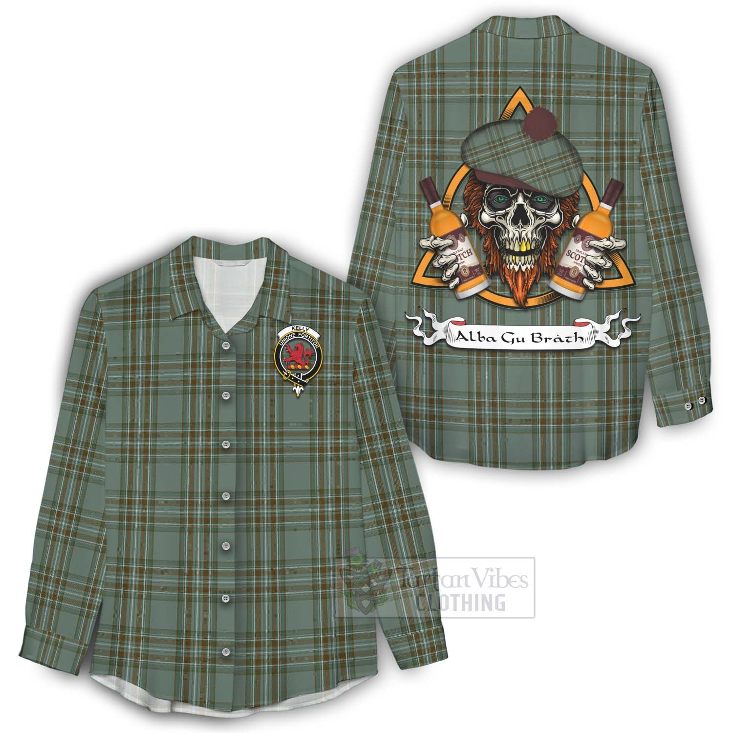 Tartan Vibes Clothing Kelly Tartan Women's Casual Shirt with Family Crest and Bearded Skull Holding Bottles of Whiskey