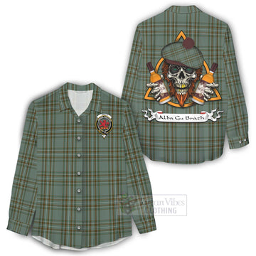 Tartan Vibes Clothing Kelly Tartan Women's Casual Shirt with Family Crest and Bearded Skull Holding Bottles of Whiskey
