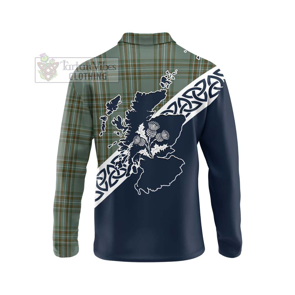 Tartan Vibes Clothing Kelly Tartan Long Sleeve Polo Shirt Featuring Thistle and Scotland Map