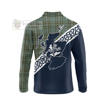 Tartan Vibes Clothing Kelly Tartan Long Sleeve Polo Shirt Featuring Thistle and Scotland Map