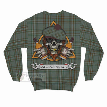 Tartan Vibes Clothing Kelly Tartan Sweatshirt with Family Crest and Bearded Skull Holding Bottles of Whiskey