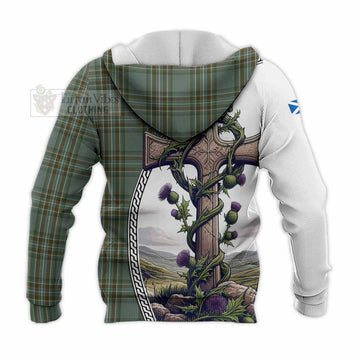 Tartan Vibes Clothing Kelly Tartan Knitted Hoodie with Family Crest and St. Andrew's Cross Accented by Thistle Vines
