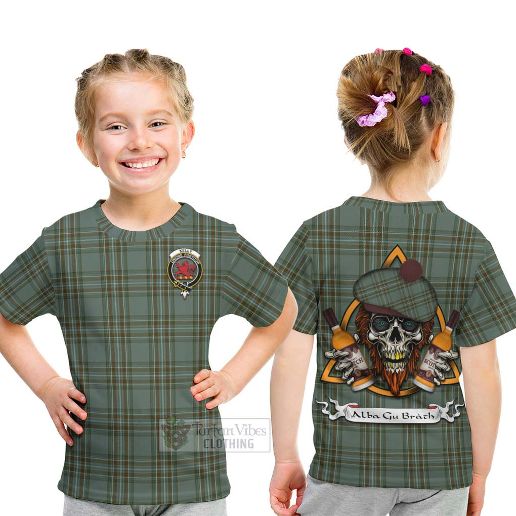 Tartan Vibes Clothing Kelly Tartan Kid T-Shirt with Family Crest and Bearded Skull Holding Bottles of Whiskey