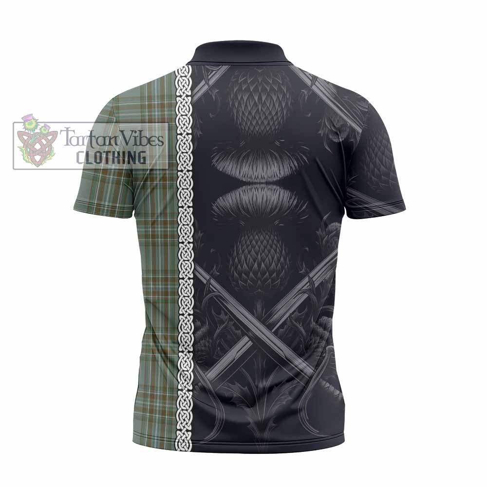 Tartan Vibes Clothing Kelly Tartan Zipper Polo Shirt with Family Crest Cross Sword Thistle Celtic Vibes