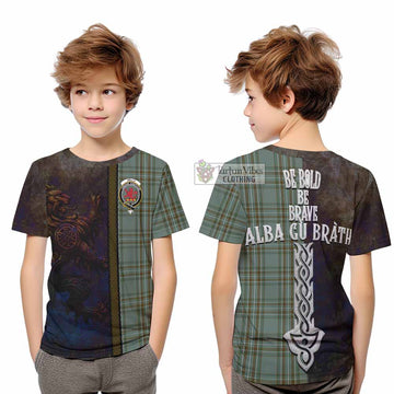 Tartan Vibes Clothing Kelly Tartan Family Crest Kid T-Shirt Alba Gu Brath Be Brave Lion Ancient Style