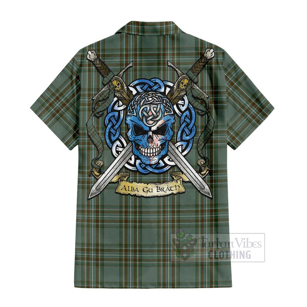Tartan Vibes Clothing Kelly Tartan Short Sleeve Button Shirt with Family Crest Celtic Skull Style