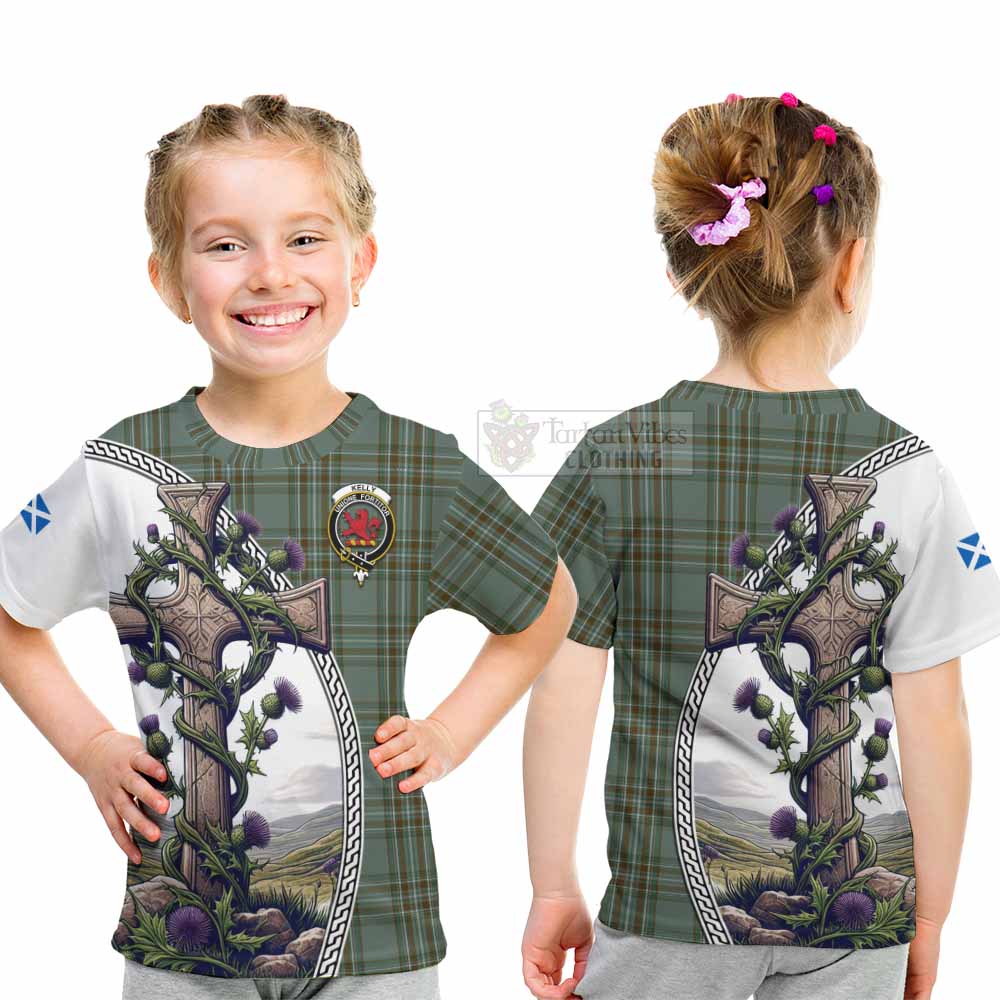 Tartan Vibes Clothing Kelly Tartan Kid T-Shirt with Family Crest and St. Andrew's Cross Accented by Thistle Vines
