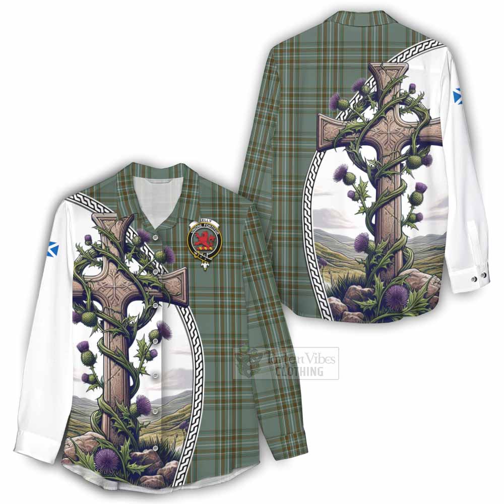 Tartan Vibes Clothing Kelly Tartan Women's Casual Shirt with Family Crest and St. Andrew's Cross Accented by Thistle Vines