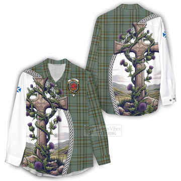 Tartan Vibes Clothing Kelly Tartan Women's Casual Shirt with Family Crest and St. Andrew's Cross Accented by Thistle Vines