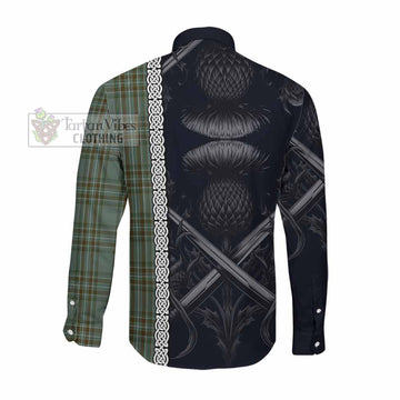 Tartan Vibes Clothing Kelly Tartan Long Sleeve Button Shirt with Family Crest Cross Sword Thistle Celtic Vibes