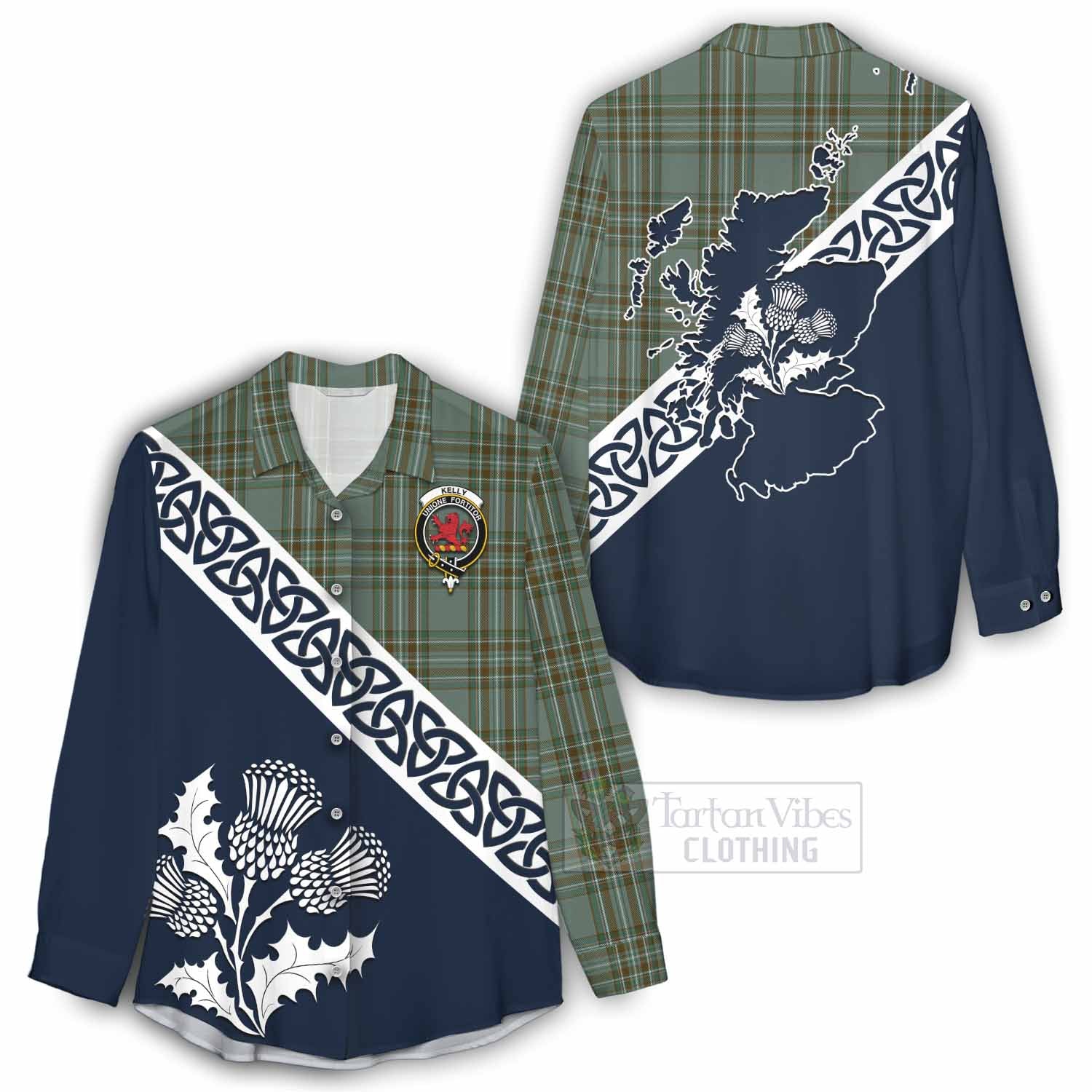 Tartan Vibes Clothing Kelly Tartan Women's Casual Shirt Featuring Thistle and Scotland Map