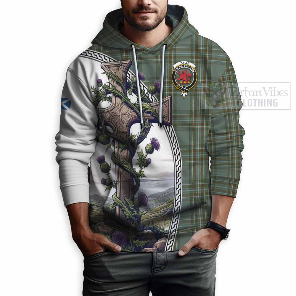 Tartan Vibes Clothing Kelly Tartan Hoodie with Family Crest and St. Andrew's Cross Accented by Thistle Vines