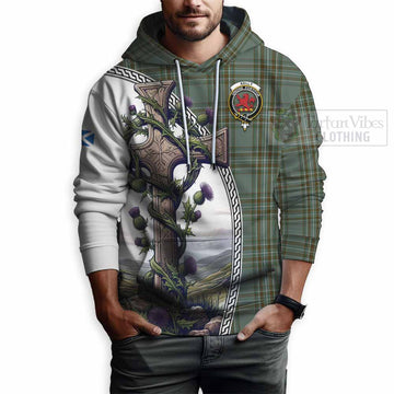 Tartan Vibes Clothing Kelly Tartan Hoodie with Family Crest and St. Andrew's Cross Accented by Thistle Vines