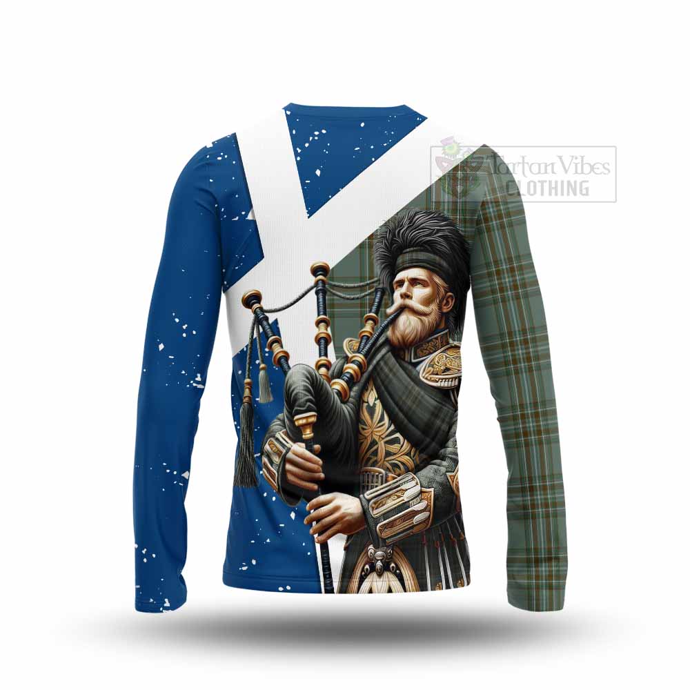 Tartan Vibes Clothing Kelly Tartan Long Sleeve T-Shirt with Family Crest Scottish Bagpiper Vibes