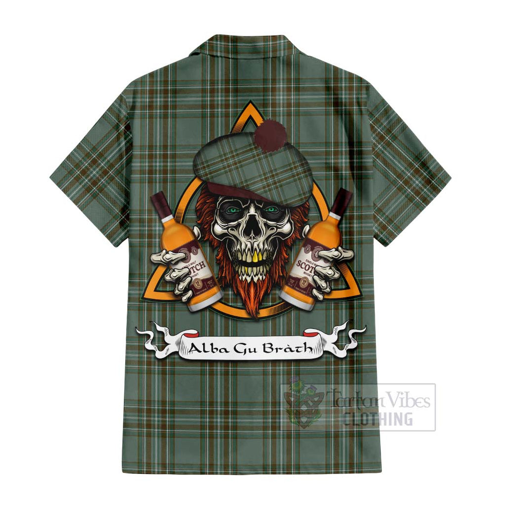 Tartan Vibes Clothing Kelly Tartan Short Sleeve Button Shirt with Family Crest and Bearded Skull Holding Bottles of Whiskey