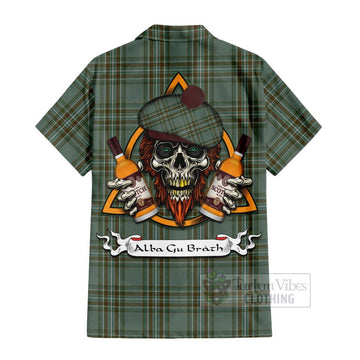 Tartan Vibes Clothing Kelly Tartan Short Sleeve Button Shirt with Family Crest and Bearded Skull Holding Bottles of Whiskey