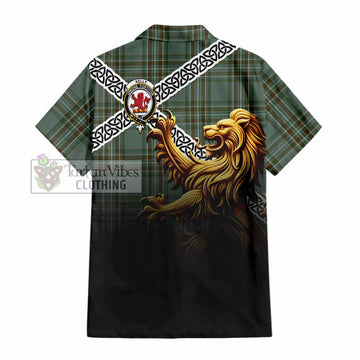 Tartan Vibes Clothing Kelly Crest Tartan Short Sleeve Button Shirt with Golden Lion Emblem Celtic Style