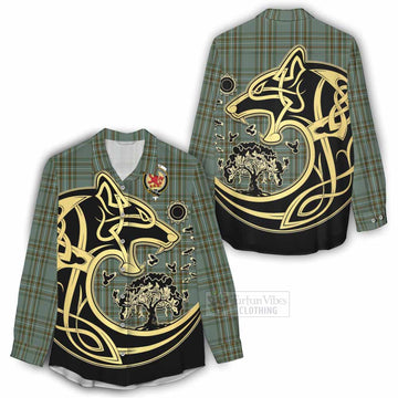 Tartan Vibes Clothing Kelly Tartan Women's Casual Shirt with Family Crest Celtic Wolf Style