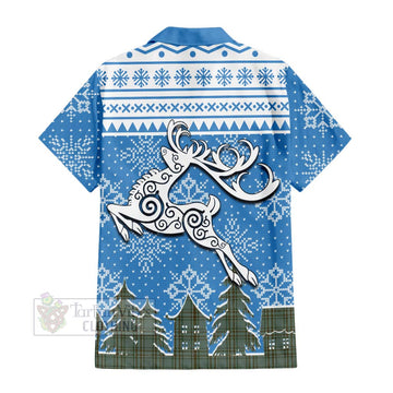 Tartan Vibes Clothing Kelly Clan Christmas Short Sleeve Button Shirt Celtic Reindeer Style