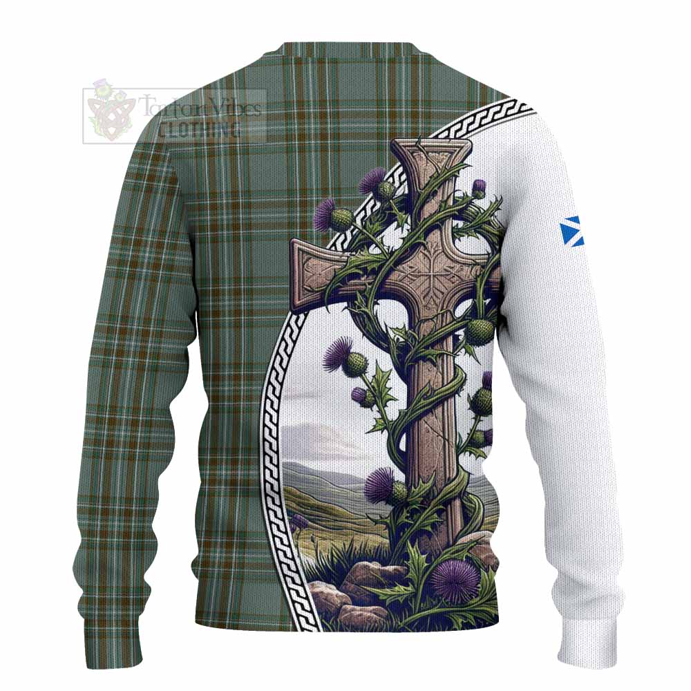 Tartan Vibes Clothing Kelly Tartan Knitted Sweater with Family Crest and St. Andrew's Cross Accented by Thistle Vines