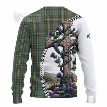 Tartan Vibes Clothing Kelly Tartan Knitted Sweater with Family Crest and St. Andrew's Cross Accented by Thistle Vines