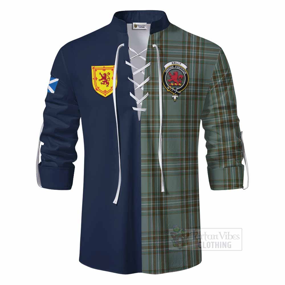 Kelly Tartan Ghillie Kilt Shirt Alba with Scottish Lion Royal Arm Half Style