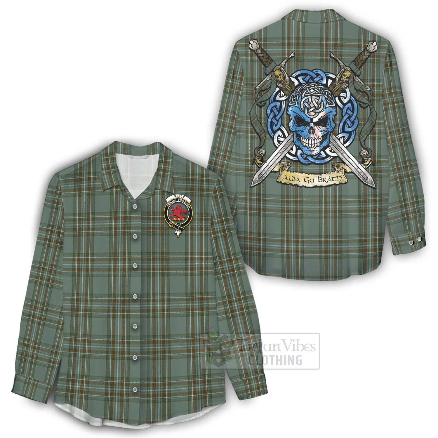 Tartan Vibes Clothing Kelly Tartan Women's Casual Shirt with Family Crest Celtic Skull Style