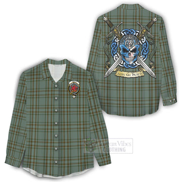 Tartan Vibes Clothing Kelly Tartan Women's Casual Shirt with Family Crest Celtic Skull Style