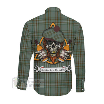 Tartan Vibes Clothing Kelly Tartan Long Sleeve Button Shirt with Family Crest and Bearded Skull Holding Bottles of Whiskey